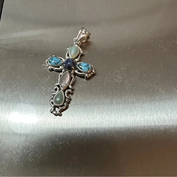 Vintage Sterling Silver Cross With Multicolored Gemstones 1.75 Inches Signed - Picture 3 of 8
